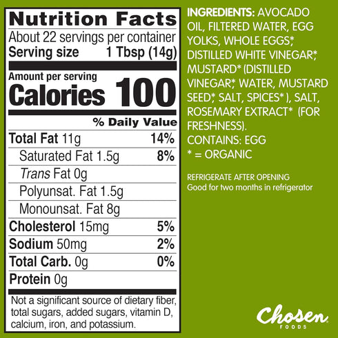 Chosen Foods Classic Mayonnaise, 100% Avocado Oil-Based, Gluten & Dairy Free, 11.25 fl oz (2 Pack)