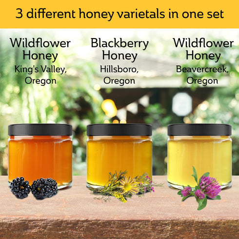 Mickelberry Set 3 (33oz) Gardens Honeybee Flight Gift Jar Honey Flight Featuring Wildflower & Blackberry Honeys Pure