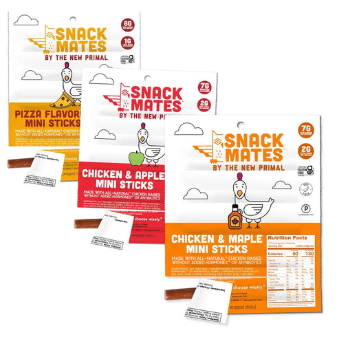 Snack Mates by New Primal Sampler Three Flavor Pack, Mini Chicken Sticks,