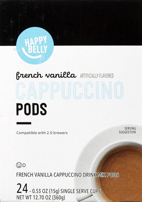 2.0 24 Count, 12.7 Happy Belly Cappuccino Coffee Pods Light Roast Compatible with K-Cup Brewers, French Vanilla