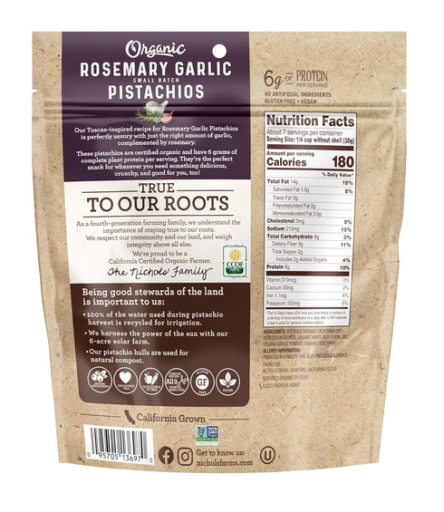 14oz Nichols Farms Organic InShell California Pistachios, Healthy Protein Snack, Rosemary Garlic