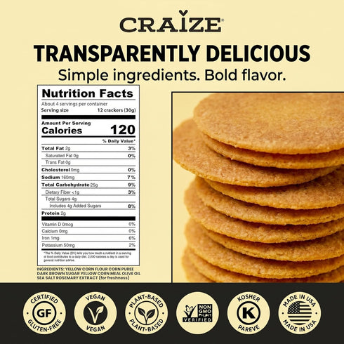 6 pack, 4 oz Craize Sweet Corn Crisps | Gluten Free, Vegan, Kosher, Toasted Corn Crackers | each