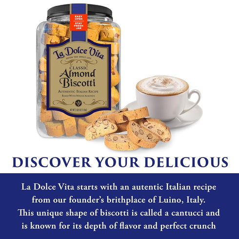 40 oz La Dolce Vita Classic Almond Italian Biscotti Cookies, Gourmet Coffee & Tea Dipping Snack, Jar