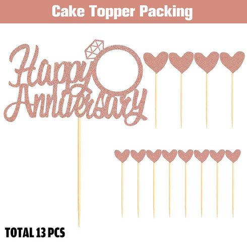 Sumerk Rose Gold Glitter Happy Anniversary Cake Topper, 13PCS Cake Decorations Set for Celebration Party