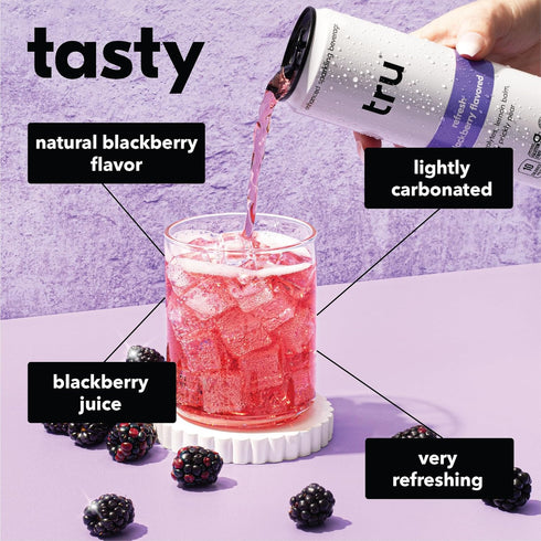 12 OZ 12 Pack Tru Refresh Seltzer, Sparkling Water with Electrolytes, Prickly Pear, Lemon Balm & Real Blackberry Juice
