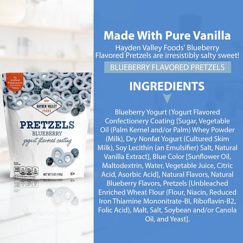 5 oz Hayden Valley Foods Blueberry Yogurt Flavored Covered Pretzels | Resealable Bag | Gourmet Flavored Blue Pretzels