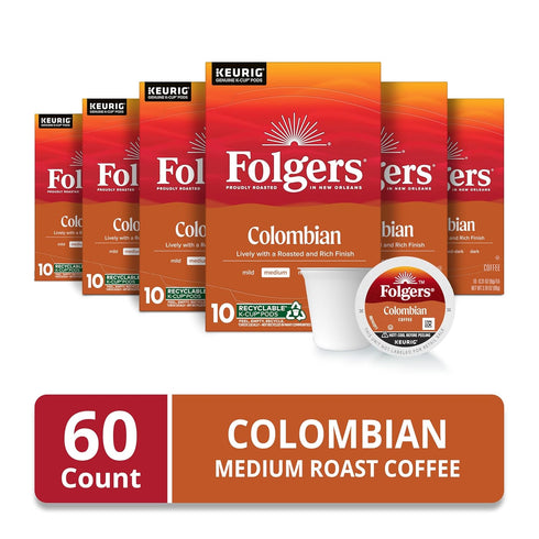 10 Count (Pack 6) Folgers Colombian Coffee, Medium Roast, Keurig K-Cup Pods, Box