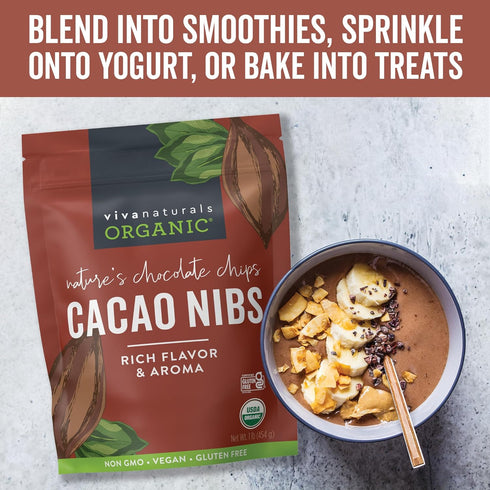 1 LB (454 Viva Naturals Organic Cacao Nibs, Unsweetened, g), Keto Friendly, Vegan, Non-GMO, Gluten-Free Chocolate Chip