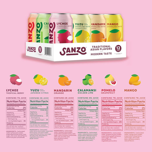 Pack 12oz, 12 Pack Sanzo Flavored Sparkling Water Variety - Yuzu Lemon, Calamansi Lime, Pomelo Grapefruit, Mango