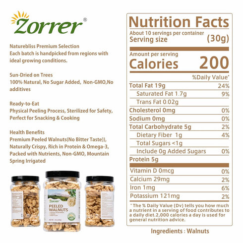 (10 OZ/Pack 1) Zorrer Premium Peeled Walnuts Halves, Skinless Raw Walnuts Texture, Sweet, Crisp, No Salt Added, Healthy