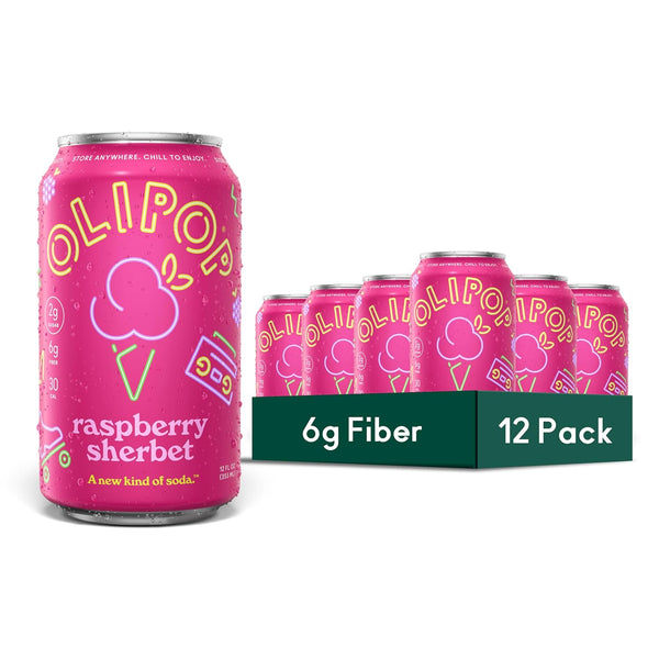 OLIPOP Prebiotic Soda Pop, Raspberry Sherbet, Pantry Pack Packed with Prebiotics, Fiber,