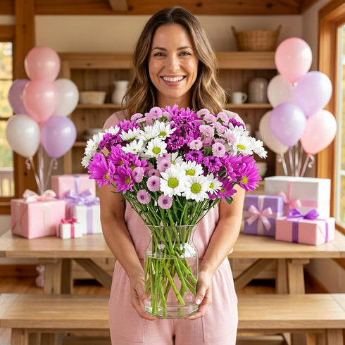 (16 Benchmark Bouquets - Purple Daisies - Fresh Flowers for Delivery - Mothers Day Flowers for Mom - Mothers Day Gifts