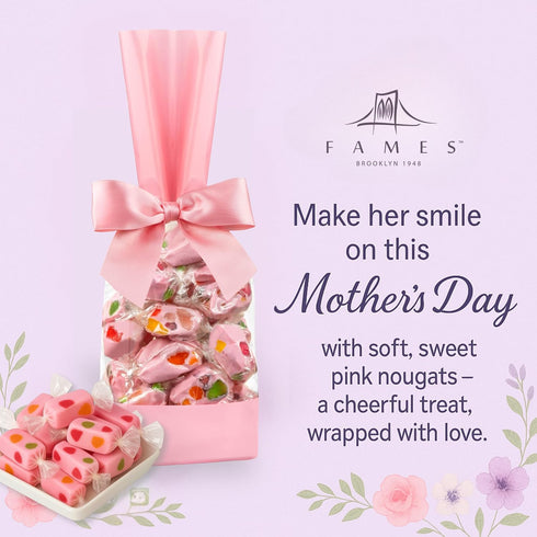 Set Mothers Day Candy Gift Individually Wrapped Gourmet JuJu Nougat Candy in Elegant Pink & Cream Gift Bags with Satin