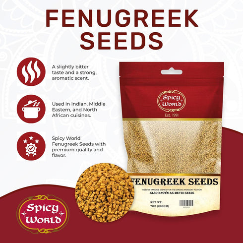 Spicy World 7 Fenugreek Seeds (Methi) Ounce Bag - All Natural & Pure - Resealable Bag