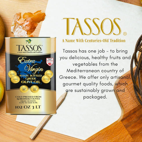 Tassos 3 Extra Virgin Olive Oil ( Cold Pressed Koroneiki Olives ) Ltr Tin