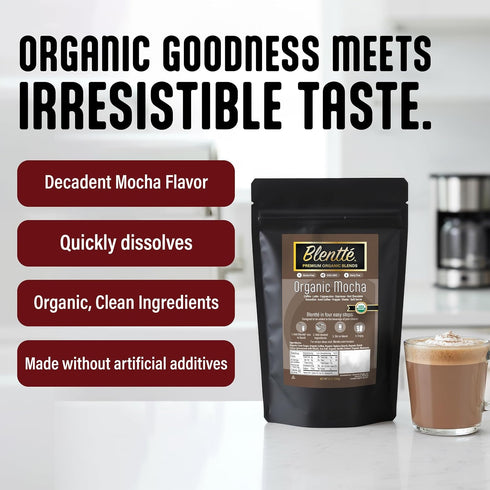 10 Oz Blentte - Organic Mocha Drink Mix - Latte, Cappuccino, Frappe, Hot Chocolate & Coffee Blend - For Instant Smooth