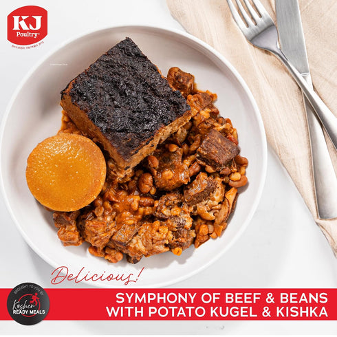 (2 Pack) KJ Poultry Kosher Ready Meals - Beef Chulent & Kugel, MRE Meat Meals Ready to Eat, Shabbos Food Prepared
