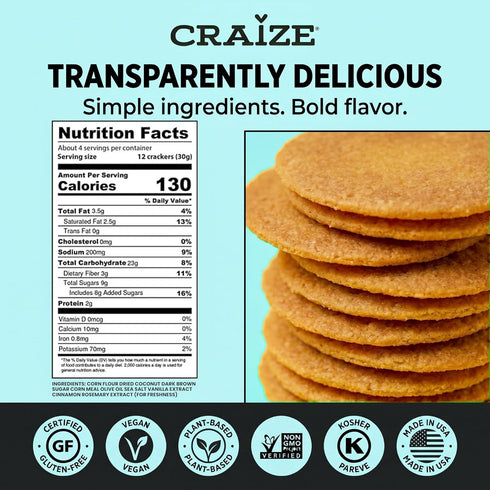 6 pack, 4 oz Craize Coconut Crisps | Gluten Free, Vegan, Kosher, Toasted Corn Crackers | each