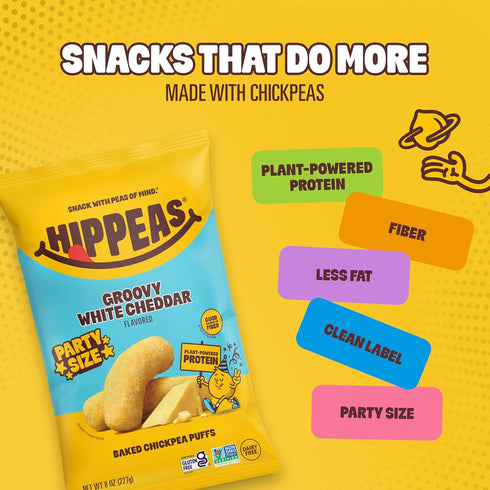 8oz 3g 2g HIPPEAS Chickpea Puffs, Groovy White Cheddar, Gluten Free Snacks, Dairy Free, Vegan, Bag, Protein, Fiber