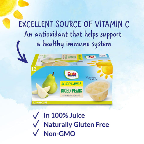 100% 4 oz (Pack 24) Dole Diced Pears in Juice - Dole Fruit Bowls Snacks - Fruit Bowls