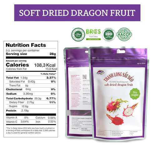 3.5 oz Vinamit Soft Dried Dragon Fruit Slices | No Sugar Added | Bag | Naturally Sweet, Vegan, Non-GMO, Gluten-Free |