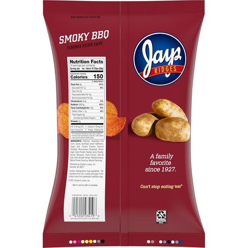 Jays 10 Oz Ridges Potato Chips, Smoky BBQ, Bag