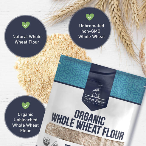 2 Lb Great River Organic Milling Organic Whole Wheat Flour | Unbleached & Unbromated | High Protein & Fiber | Non-GMO