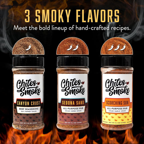 3 270326g Chiles and Smoke BBQ Seasoning Trio Sedona Sand, Canyon Crust & Scorching Sun | All Natural Rubs for Chicken