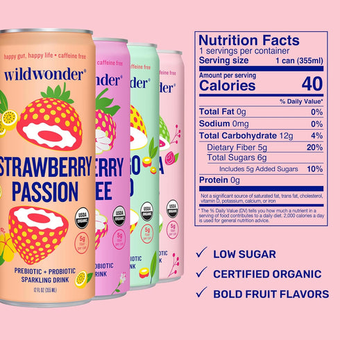 12pk, Immune Pack, 5g 12 Pack, 12oz wildwonder Sparkling Probiotic Drink For Gut Health & Support, Classic Variety