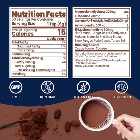 50 10 Mushroom Hot Chocolate for Calm, Servings Cocoa Powder | Mushrooms Supplements with Magnesium Glycinate