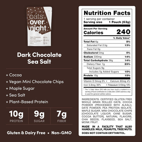10g (2.2 oz (8 Pack) Oats Overnight - Dark Chocolate Sea Salt - Vegan, Protein, High Fiber Breakfast Shake - Gluten