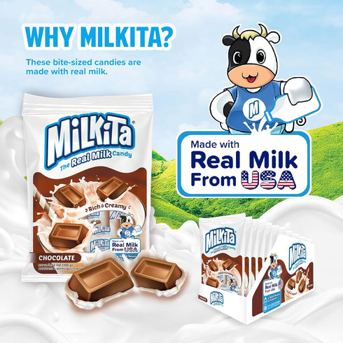 Milkita Creamy Shake Candy Bag, Gluten Free Chewy Candies with Calcium & Real Milk - 25 Pcs, Chocolate Flavor