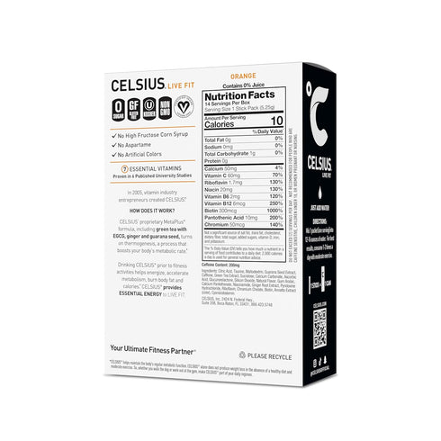 CELSIUS On-the-Go Powder Stick, Zero Sugar, Orange, 14 Sticks per Pack, 2.60 Oz