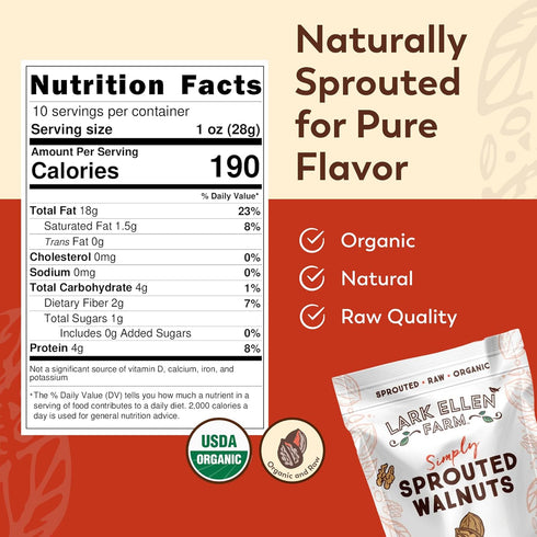 10 Oz, 3 Pack Lark Ellen Farm Organic Sprouted Walnuts Raw, Unsalted, Keto-Friendly, Healthy Vegan Snack, Gluten-Free