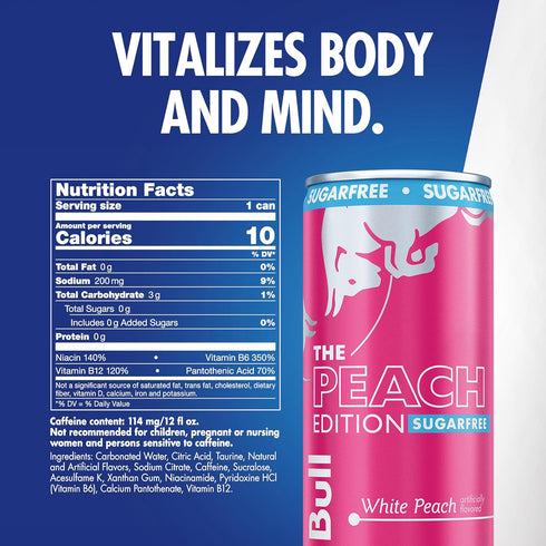 Summer 114mg 12 Oz, 8 Pack Red Bull Sugar-Free White Peach Edition Energy Drink, with Caffeine plus Taurine & B