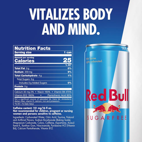 151mg 16 Oz, Pack 12 Red Bull Sugar Free Energy Drink with Caffeine plus Taurine & B Vitamins, Fl of Cans