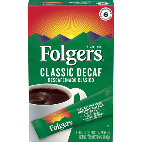 Folgers Classic Decaf Decaffeinated Instant Coffee Crystals, 6 Single Serve Packets (Pack