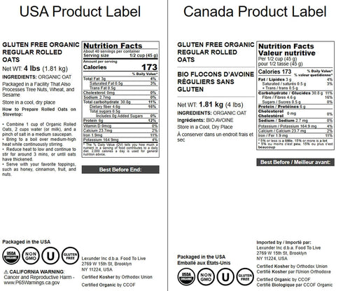 4 100% Food to Live Gluten Free Organic Regular Rolled Oats, Pounds Non-GMO, Old-Fashioned, Whole Grain, Vegan, Bulk.