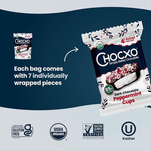 85% 3.45 oz (Pack 6) Chocxo Dark Chocolate Peppermint Cups - Lower Sugar Christmas Candy, Organic Cacao, NonGMO, Keto
