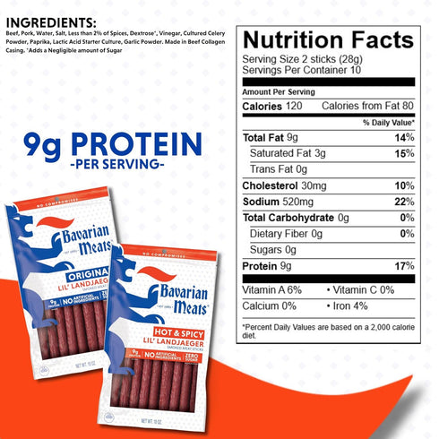 10 Bavarian Meats Hot & Spicy Lil' Landjaeger Meat Sticks, Smoked Sausage Protein Snacks, Zero Sugar, Great Source