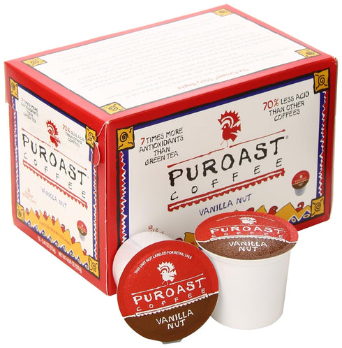 Puroast Low Acid Coffee Vanilla Single Serve Pods - Medium Roast, 12 Count, Compatible with Keurig Brewer