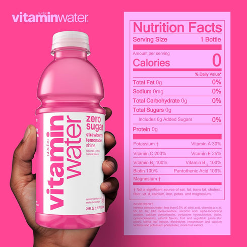 20 oz vitaminwater zero shine, electrolyte enhanced water w/vitamins, strawberry lemonade drink, fl