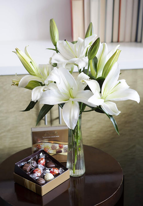 5 count KaBloom Flowers - Pure Love Bouquet of Fresh White Lilies with Vase, - Gift for Birthday, Sympathy