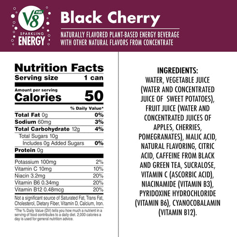 V8 11.5 oz (12 Pack) +Energy Sparkling Black Cherry Juice Energy Drink, fl Can