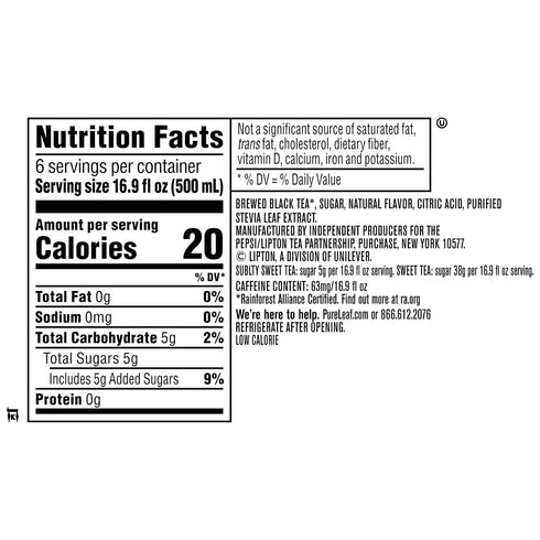 16.9oz (6 Pack) Pure Leaf Lower Sugar, Subtly Sweet Peach, Bottles