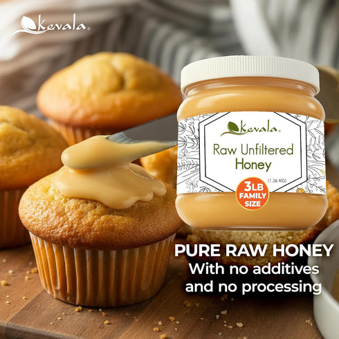 3 lb Kevala Raw Unfiltered Honey - Pure Honey for Daily Baking and Cooking, Authentic Sweetness with no Added Sugar