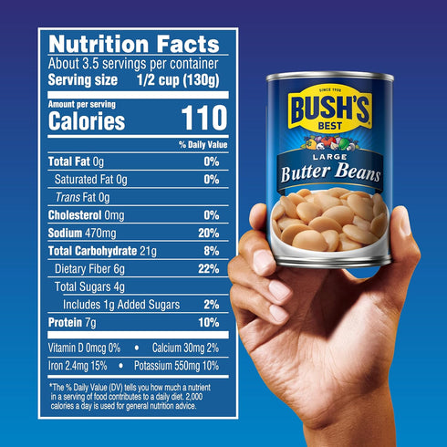 16 oz (Pack 12) BUSH'S BEST Canned Large Butter Beans, Source of Plant Based Protein and Fiber, Low Fat, Gluten Free