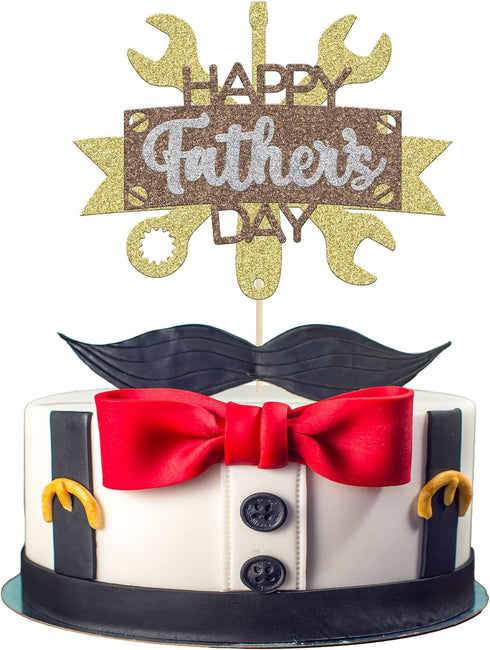 Gyufise 1Pcs Gold Glitter Tool Construction Theme Happy Father's Day Cake Topper, Best Dad Ever Decor