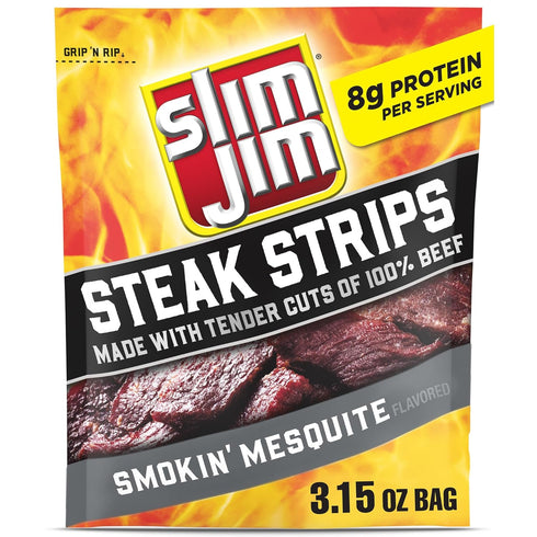 Slim Jim Smoked Steak Strips, Smokin' Mesquite Flavor, 8g Protein Per Serving,