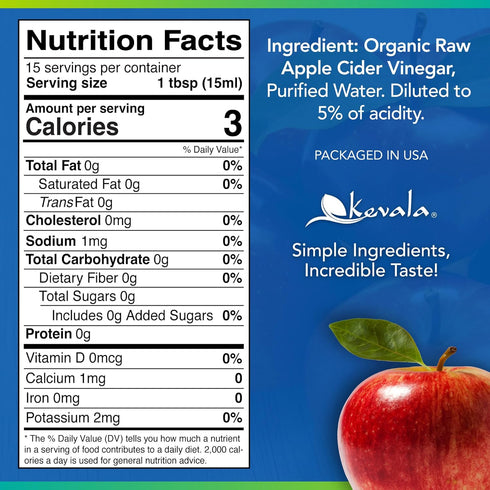 Immunity 8 oz Kevala Organic Raw Apple Cider Vinegar - Glass Bottle, Unfiltered and Unpasteurized Apple Cider Vinegar